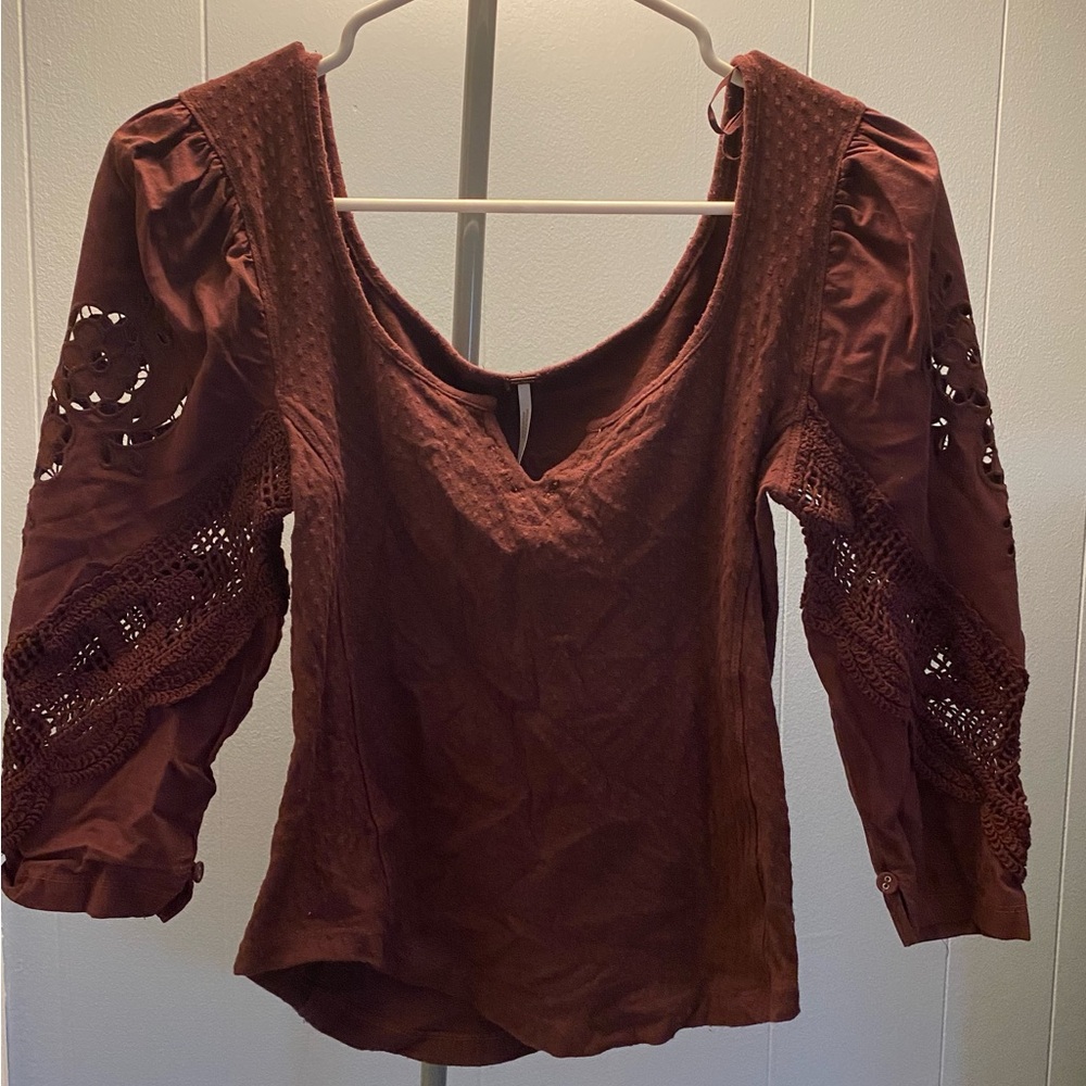 Free People Rust Brown Crochet Sleeve V-Neck Blouse